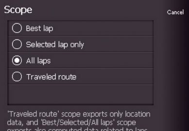 RaceChrono touch select laps to export