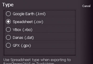 RaceChrono touch select the spreadsheet option